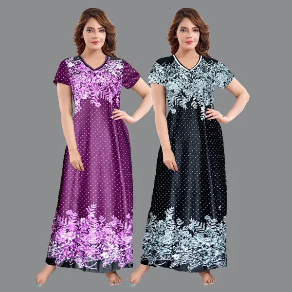 Pack_of_2_Satin_Printed_Long_Nighty_For_Women_|_Purple_&_Black