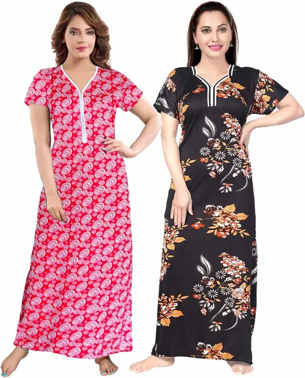Pack_of_2_Satin_Printed_Long_Nighty_Set_For_Women_|_Pink_&_Black