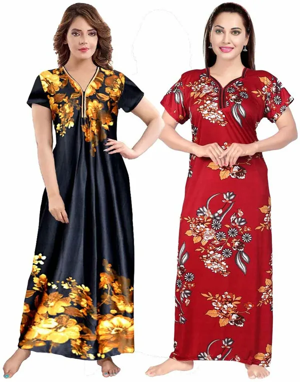 Pack_of_2_Satin_Printed_Long_Nighty_Set_For_Women_|_Brown_&_Maroon