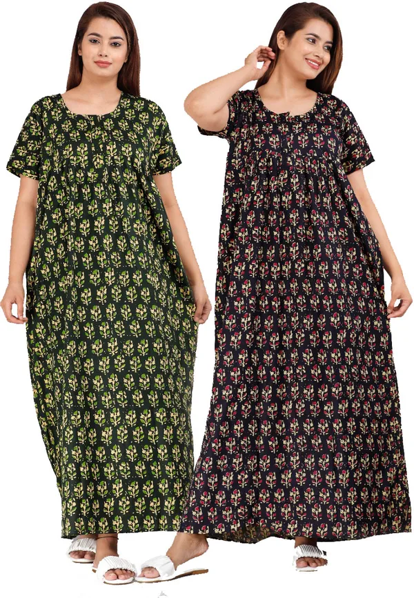 Pack_of_2_Pure_Cotton_Printed_Nighty_For_Women_|_Green_&_Blue