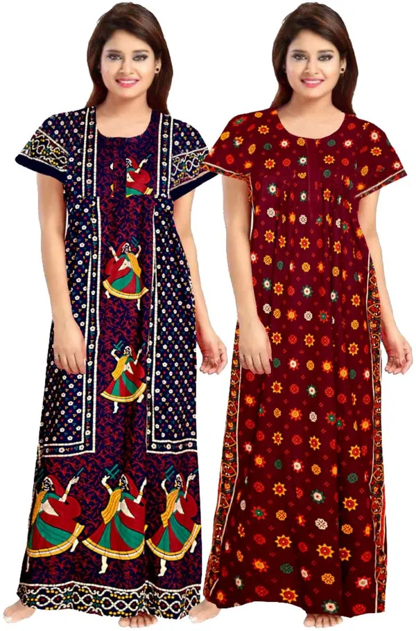 Pack_of_2_Pure_Cotton_Printed_Nighty_For_Women_|_Blue_&_Maroon