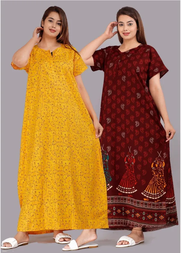 Pack_of_2_Pure_Cotton_Printed_Long_Nighty_For_Women_|_Yellow_&_Maroon