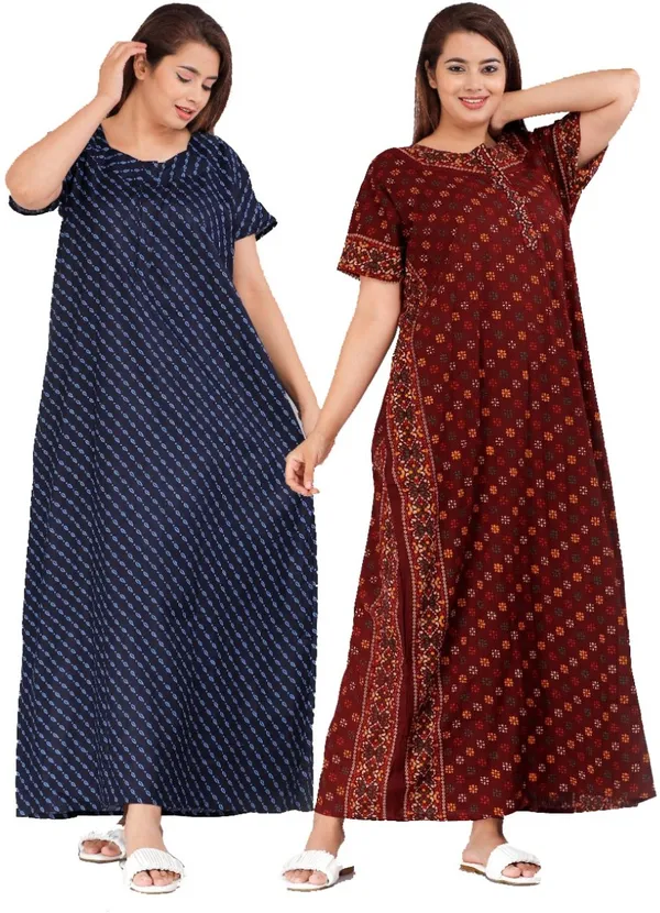 Pack_of_2_Pure_Cotton_Printed_Nighty_For_Women_|_Blue_&_Maroon