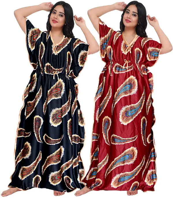 Pack_of_2_Satin_Printed_Kaftan_Nighty_For_Women_|_Black