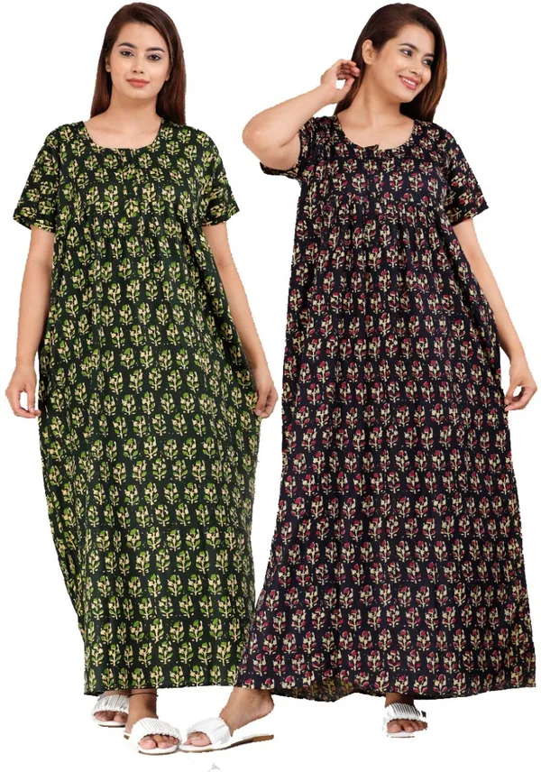 Pack_of_2_Pure_Cotton_Printed_Nighty_For_Women_|_Green_&_Black