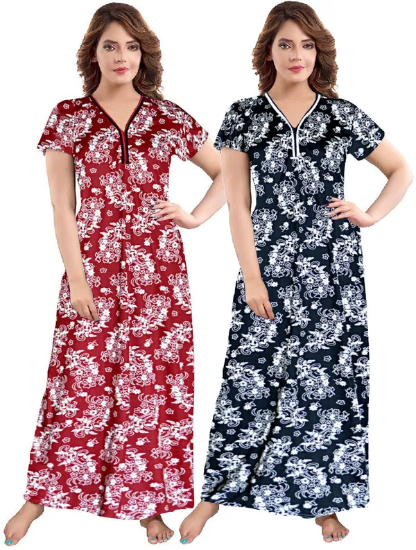 Pack_of_2_Satin_Printed_Nighty_For_Women_|_Maroon_&_Black