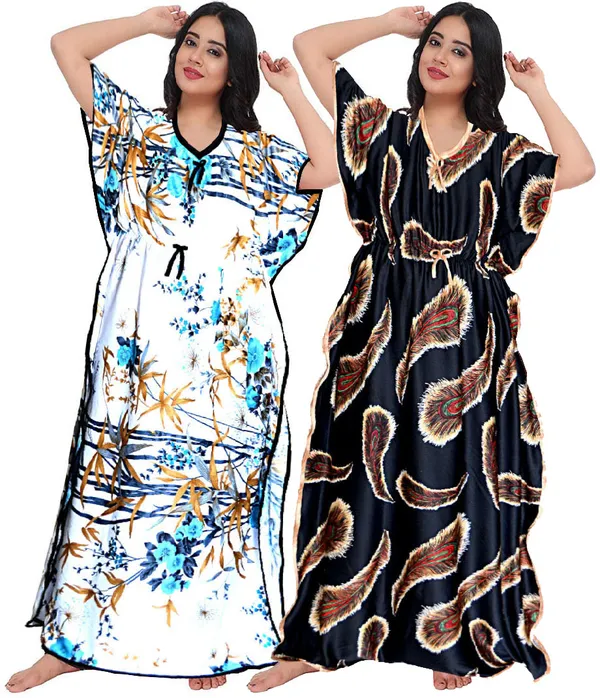 Pack_of_2_Satin_Printed_Kaftan_Nighty_For_Women_|_Brown