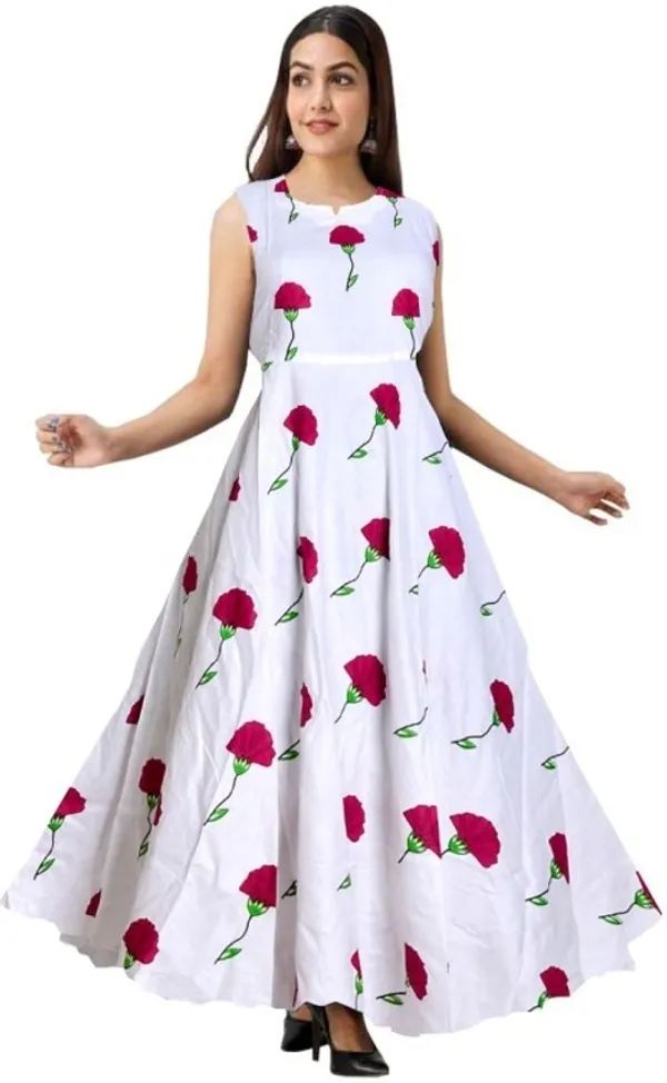 White_Rayon_Blend_Printed_Full_Length_Gown_For_Women