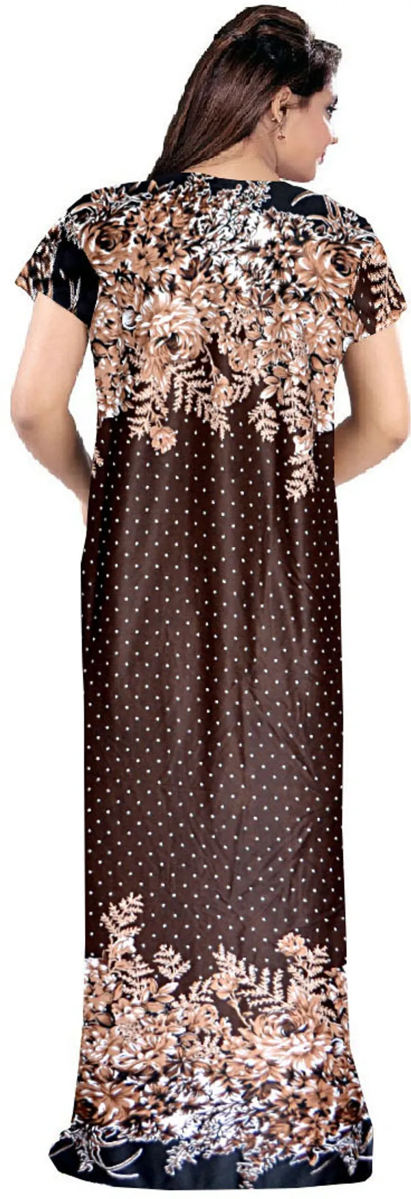 Brown_Satin_Polka_Floral_Long_Nighty_For_Women