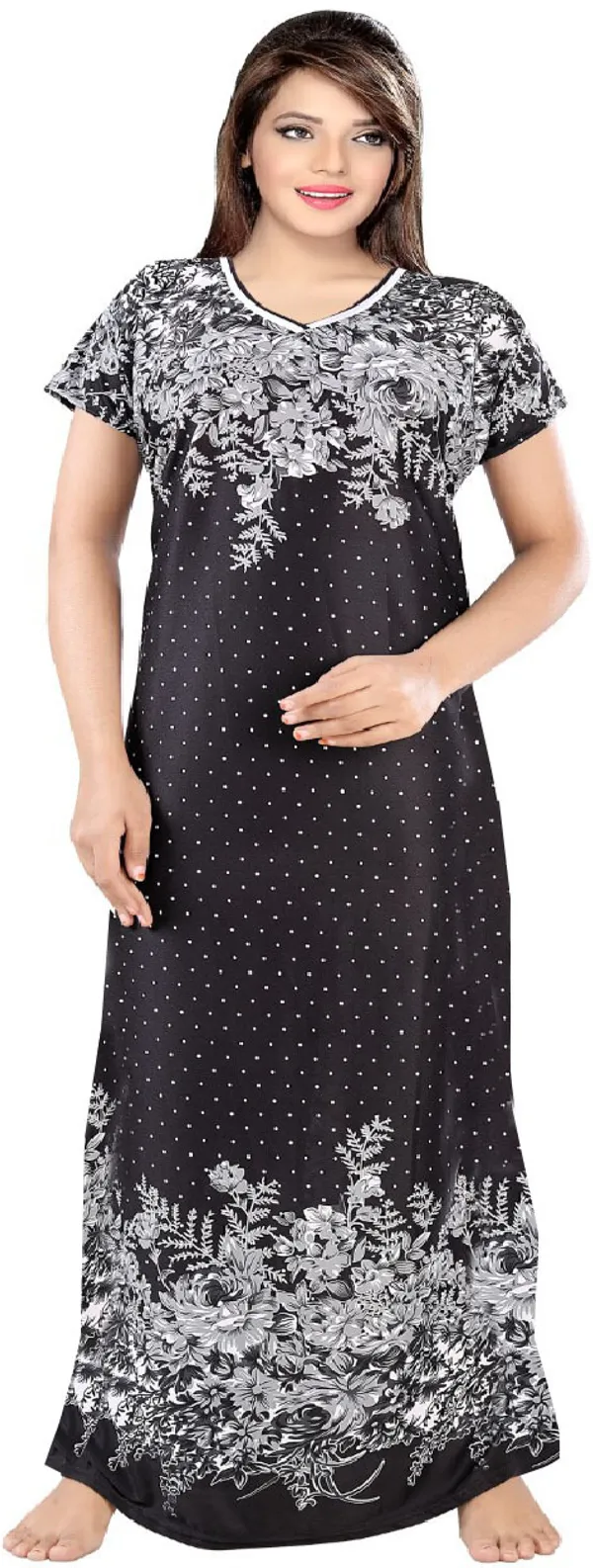 Black_Satin_Polka_Floral_Long_Nighty_For_Women