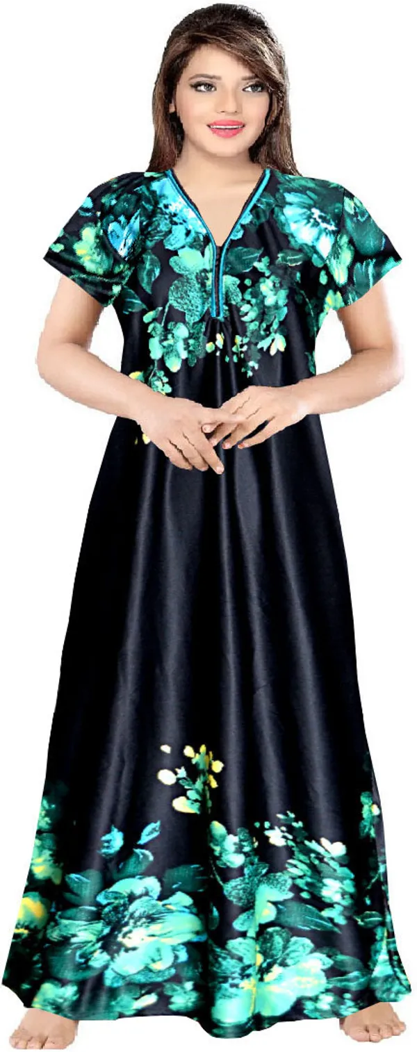Green_&_Blue_Satin_Floral_Long_Nighty_For_Women