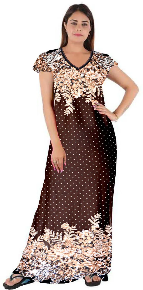 Brown_Satin_Printed_Long_Nighty_For_Women
