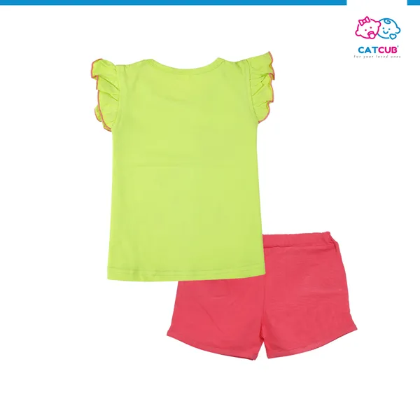 Green_Fine_Cotton_Fancy_Top_&_Shorts/Hot_Pant_Set_For_Girls