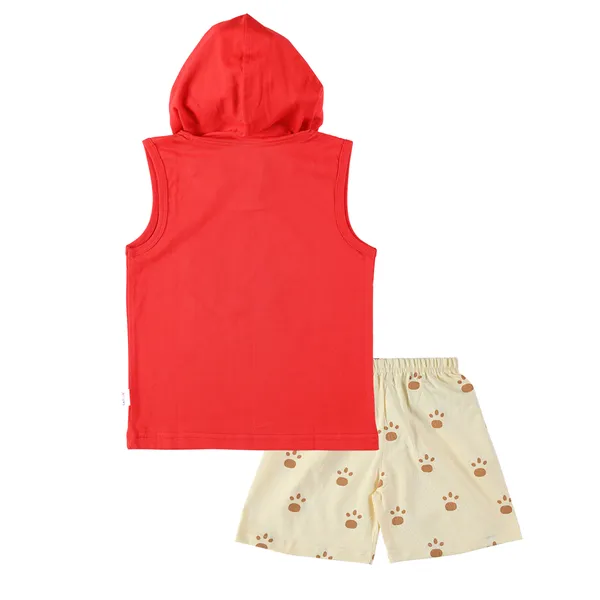 Red_Cotton_Sleeveless_Hooded_TShirt_&_Shorts_Set_For_Boys