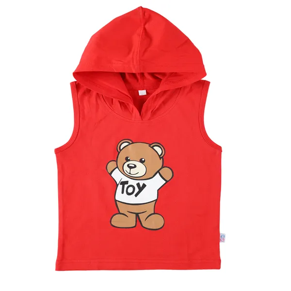Red_Cotton_Sleeveless_Hooded_TShirt_&_Shorts_Set_For_Boys
