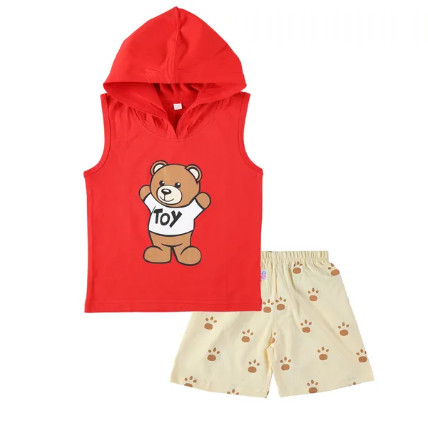 Red_Cotton_Sleeveless_Hooded_TShirt_&_Shorts_Set_For_Boys