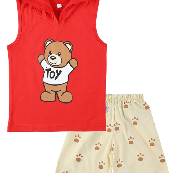 Red_Cotton_Sleeveless_Hooded_TShirt_&_Shorts_Set_For_Boys