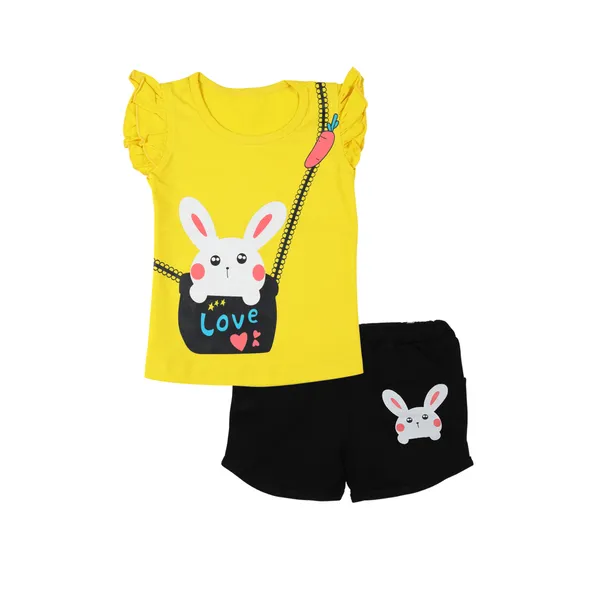 Yellow_Fine_Cotton_Fancy_Top_&_Shorts/Hot_Pant_Set_For_Girls