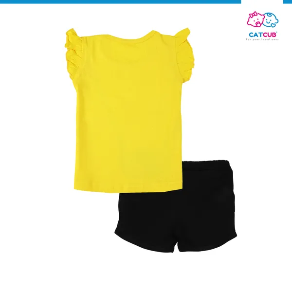 Yellow_Fine_Cotton_Fancy_Top_&_Shorts/Hot_Pant_Set_For_Girls