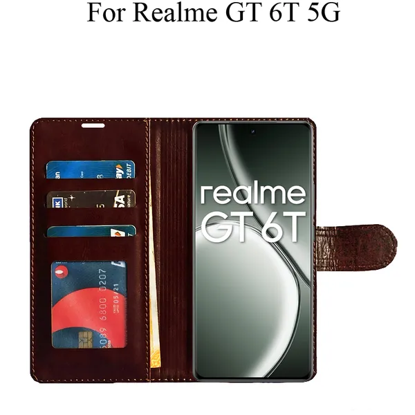 Brown_Premium_Flip_Cover_For_Realme_Gt_6T_5G