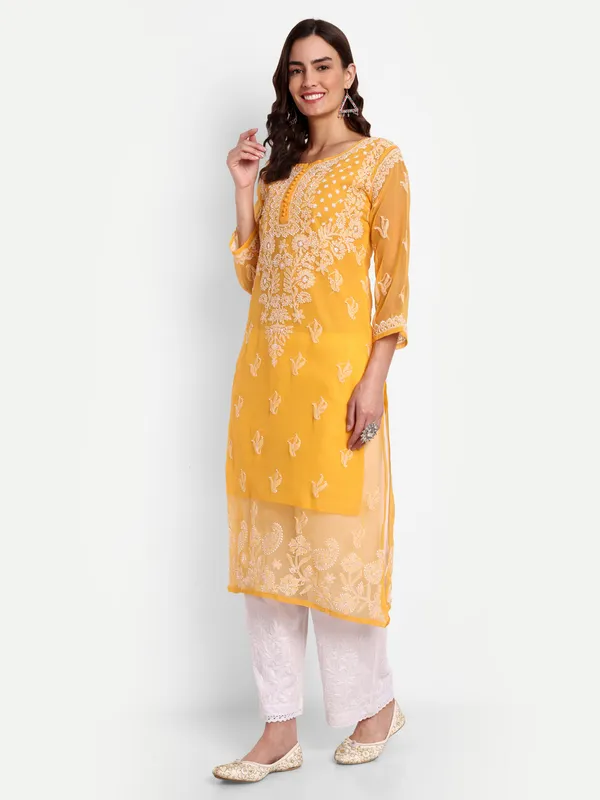 Mustard_Lucknow_Chikankari_Hand_Embroidered_Georgette_Kurta_With_Matching_Slip/Inner_Women_Georgette