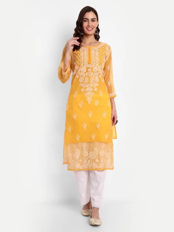 Mustard_Lucknow_Chikankari_Hand_Embroidered_Georgette_Kurta_With_Matching_Slip/Inner_Women_Georgette