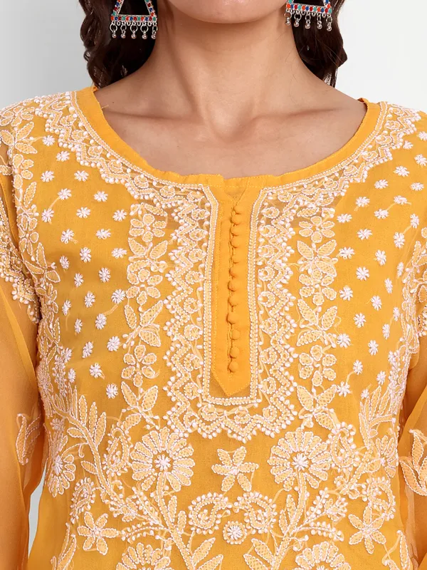 Mustard_Lucknow_Chikankari_Hand_Embroidered_Georgette_Kurta_With_Matching_Slip/Inner_Women_Georgette