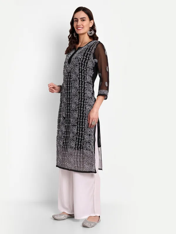 Charismatic_Black_Lucknow_Chikankari_Hand_Embroidered_Long_Kurta_With_Matching_Slip_Georgette