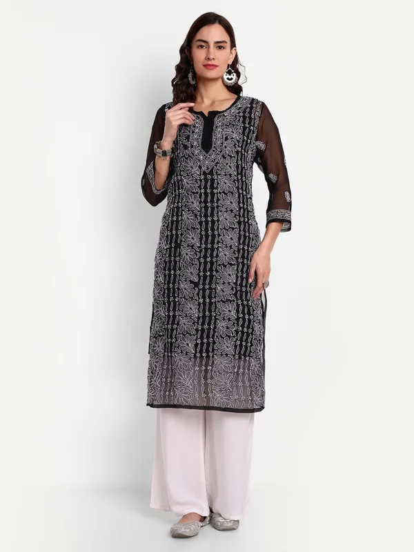 Charismatic_Black_Lucknow_Chikankari_Hand_Embroidered_Long_Kurta_With_Matching_Slip_Georgette