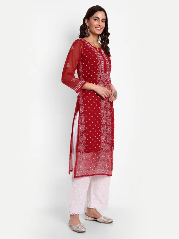 Maroon_Lucknow_Chikankari_Hand_Embroidered_Kurta_With_Matching_Slip_Georgette