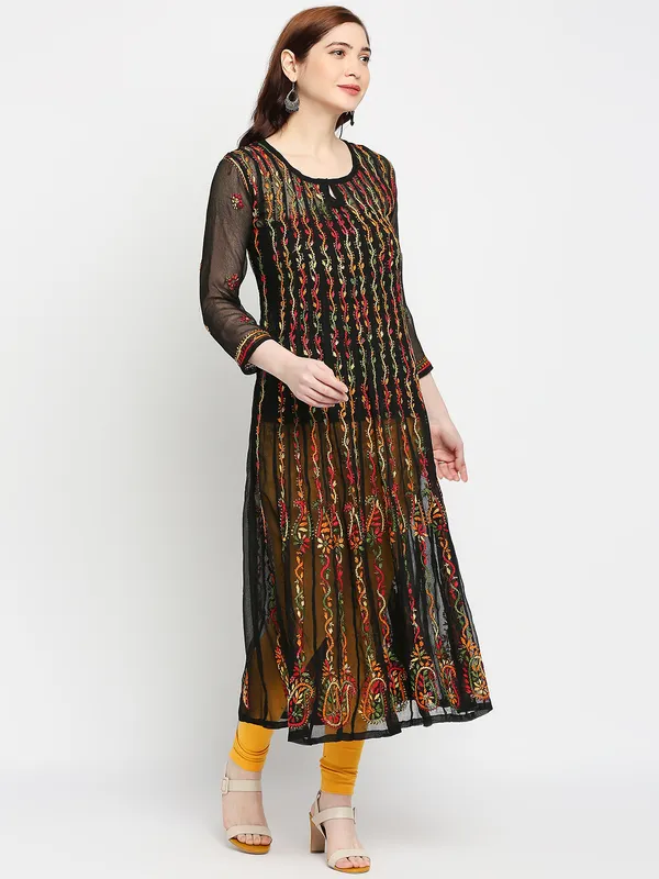 Charismatic_Black_Lucknow_Chikankari_Hand_Embroidered_Long_Anarkali_Kurti_Georgette