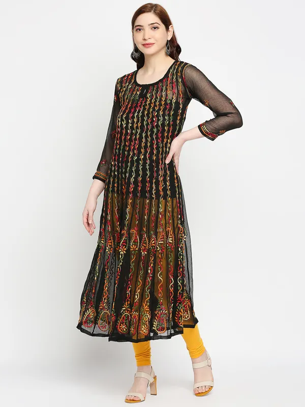 Charismatic_Black_Lucknow_Chikankari_Hand_Embroidered_Long_Anarkali_Kurti_Georgette