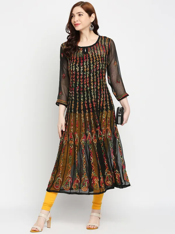 Charismatic_Black_Lucknow_Chikankari_Hand_Embroidered_Long_Anarkali_Kurti_Georgette