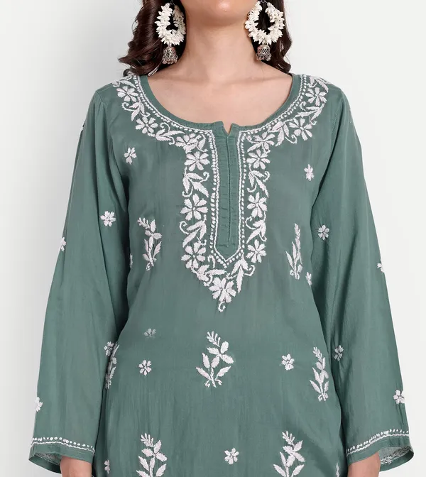 Sage_Green_Lucknowi_Chikankari_Hand_Embroidered_Long_Kurti_Palazzo_Set_Cotton