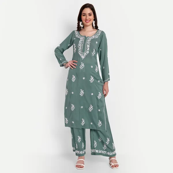 Sage_Green_Lucknowi_Chikankari_Hand_Embroidered_Long_Kurti_Palazzo_Set_Cotton