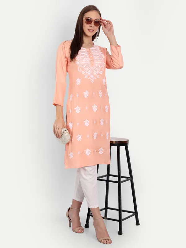 Peach_Puff_Embroidered_Long_Kurti_Rayon