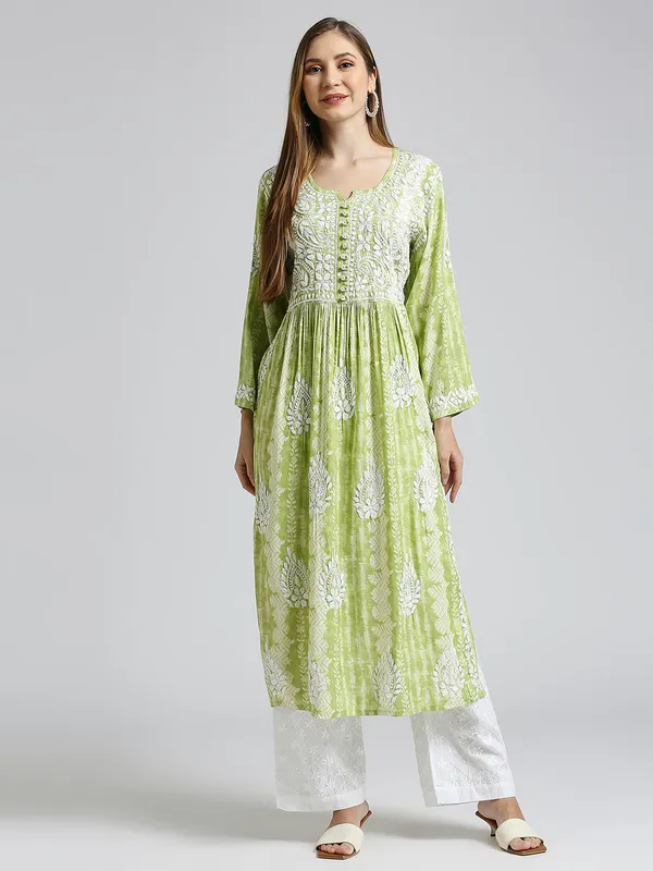 Lime_Green_Lucknow_Chikankari_Hand_Embroidered_Nyra_Kurta_Women_Rayon_Slub