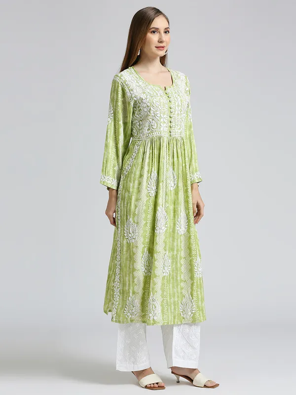 Lime_Green_Lucknow_Chikankari_Hand_Embroidered_Nyra_Kurta_Women_Rayon_Slub