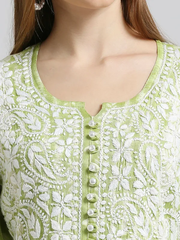 Lime_Green_Lucknow_Chikankari_Hand_Embroidered_Nyra_Kurta_Women_Rayon_Slub
