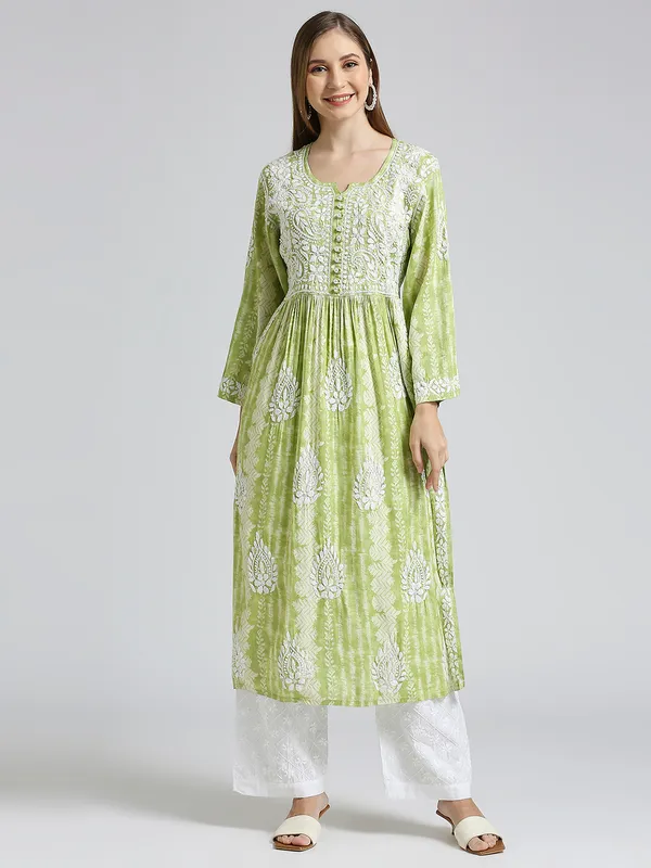 Lime_Green_Lucknow_Chikankari_Hand_Embroidered_Nyra_Kurta_Women_Rayon_Slub