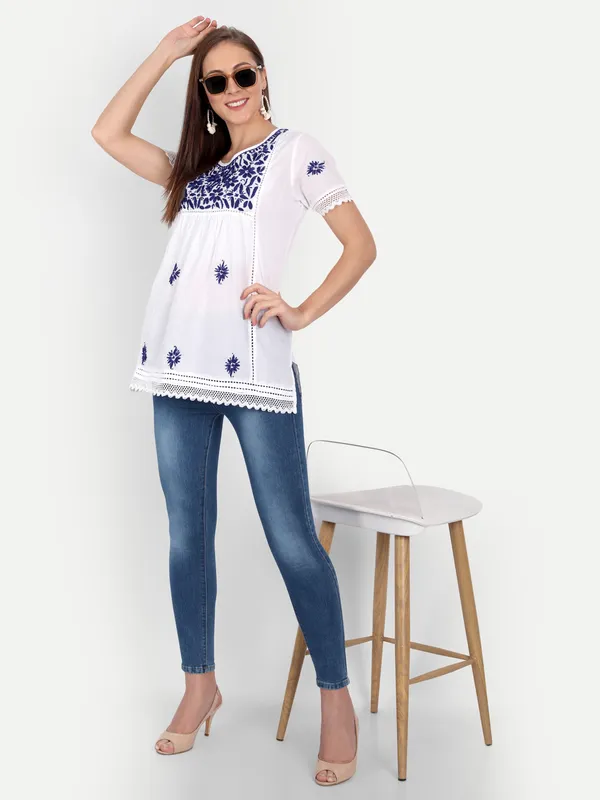 Royal_Blue_Lucknow_Chikankari_Hand_Embroidered_Top_Blouse_Short_Kurtis