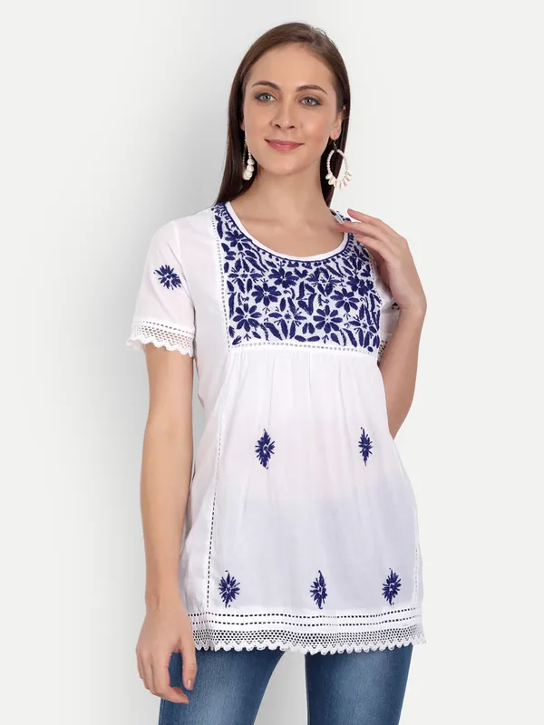 Royal_Blue_Lucknow_Chikankari_Hand_Embroidered_Top_Blouse_Short_Kurtis