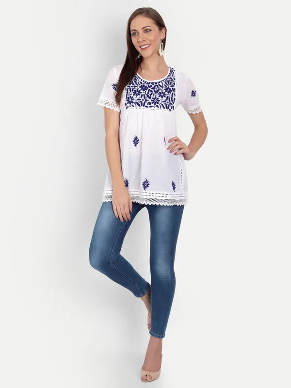 Royal_Blue_Lucknow_Chikankari_Hand_Embroidered_Top_Blouse_Short_Kurtis