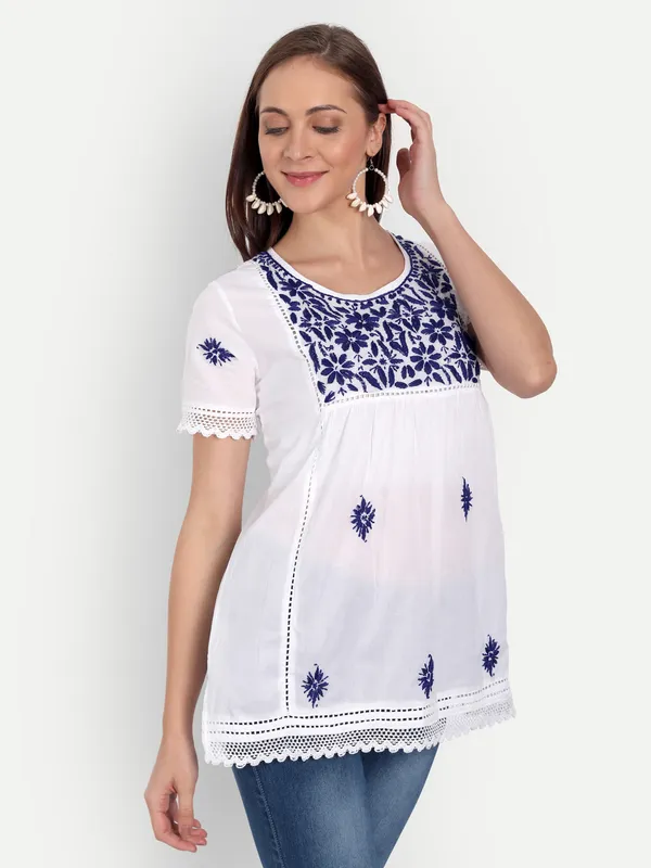 Royal_Blue_Lucknow_Chikankari_Hand_Embroidered_Top_Blouse_Short_Kurtis