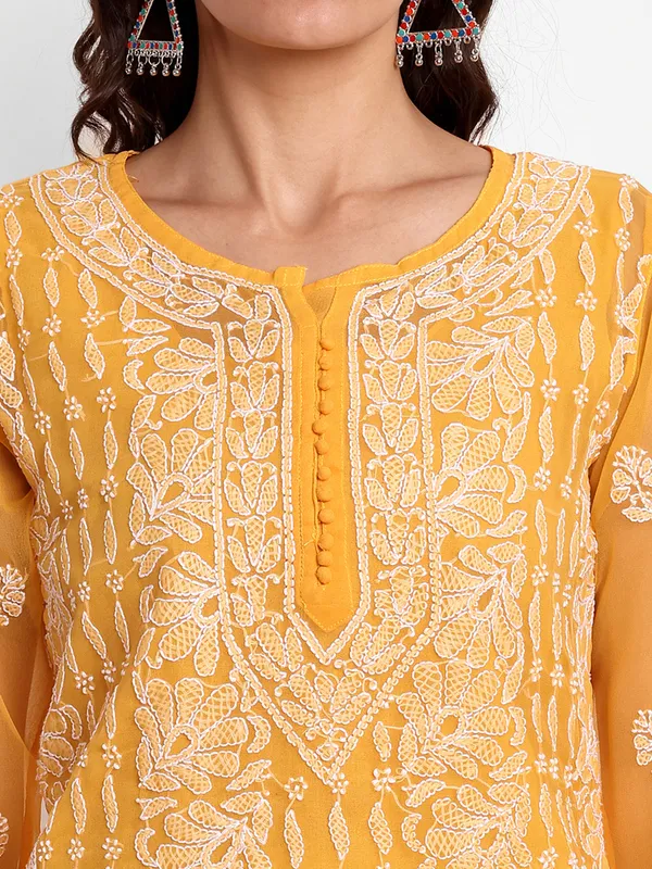 Mustard_Lucknow_Chikankari_Hand_Embroidered_Long_Kurta_With_Matching_Slip_Georgette