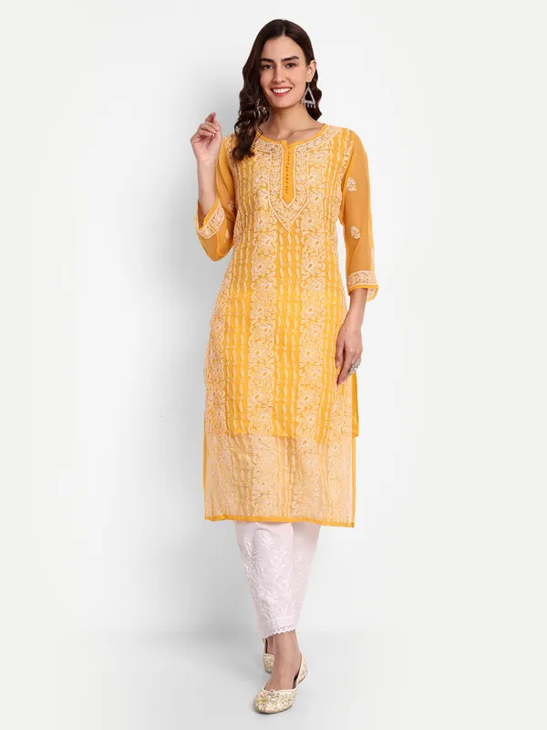 Mustard_Lucknow_Chikankari_Hand_Embroidered_Long_Kurta_With_Matching_Slip_Georgette