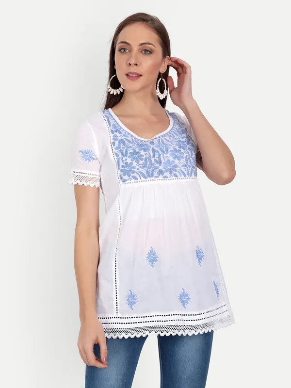 Sky_Blue_Lucknow_Chikankari_Hand_Embroidered_Top_Blouse_Short_Kurtis