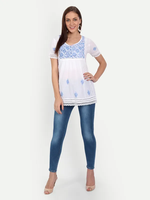 Sky_Blue_Lucknow_Chikankari_Hand_Embroidered_Top_Blouse_Short_Kurtis