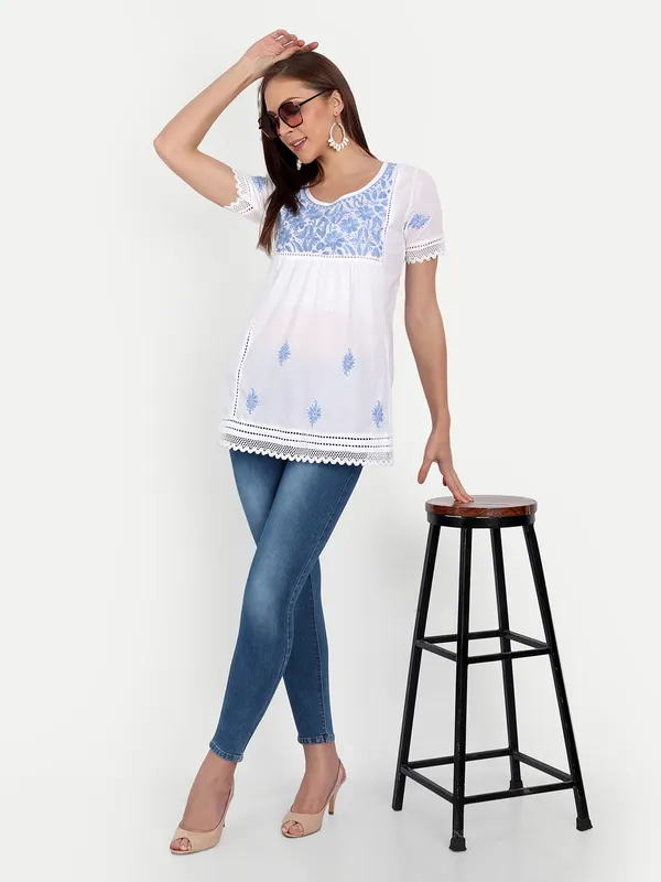 Sky_Blue_Lucknow_Chikankari_Hand_Embroidered_Top_Blouse_Short_Kurtis