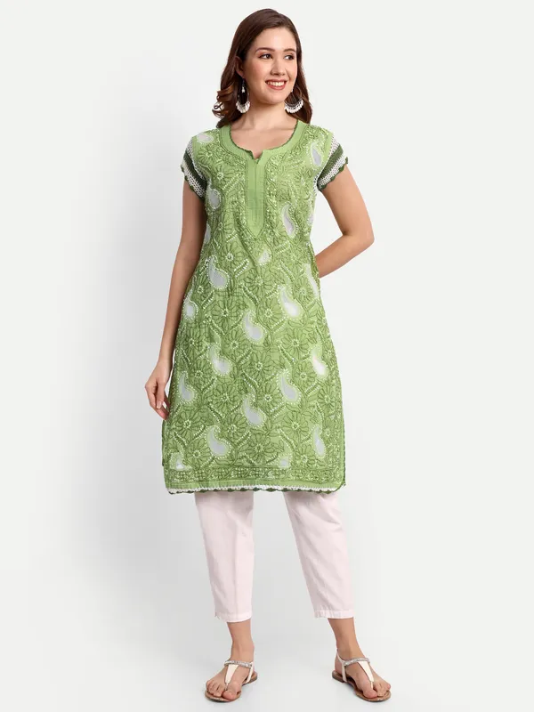 Leaf_Green_Lucknow_Chikankari_Hand_Embroidered_Kurti_Cotton